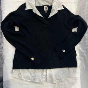 Anne Klein Black V-Neck Sweater with White Accents